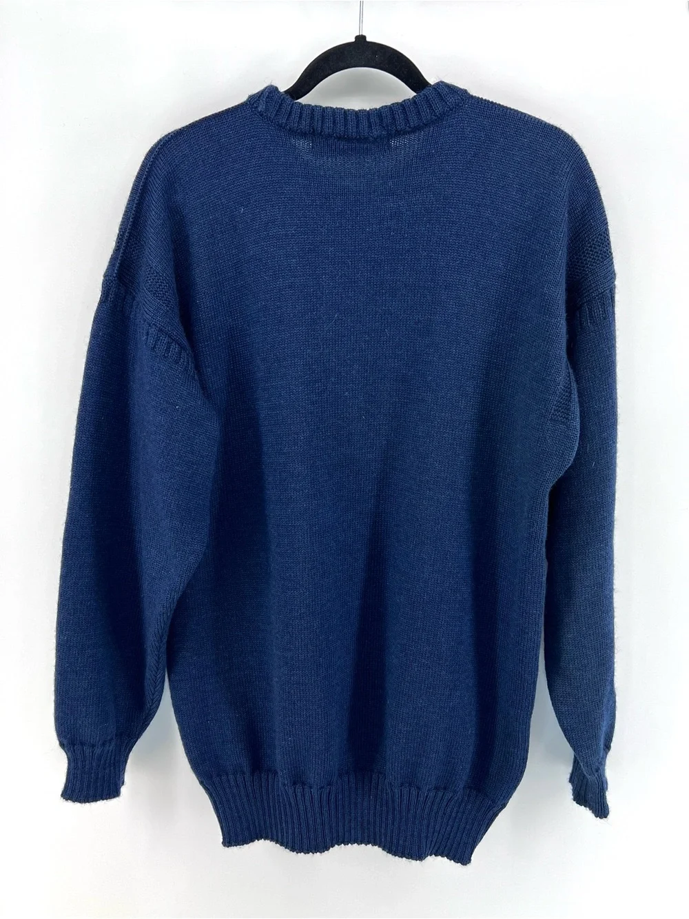 Vintage Guernsey Woollens Navy Blue Wool Fisherman Sweater Monogram K Sz L Prep